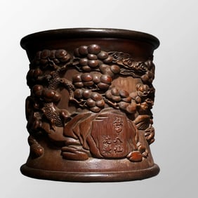 Vintage Chinese Bamboo Low Relief Eight Taoism Deity Design Brush Pot
