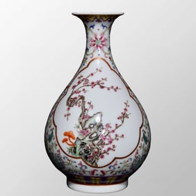 Chinese Qing Dynasty Famille Rose Plum Flower & Pine Tree Design Porcelain Vase