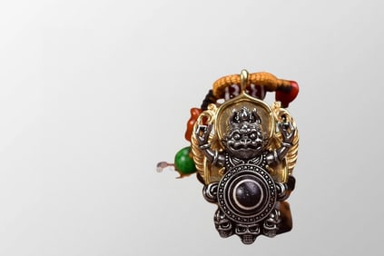 Tibetan Gilt Gold Copper Divine Bird Suparna Pendant w DZI Agate Beads Necklace