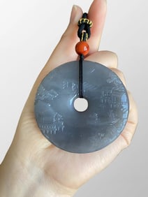 Chinese Hetian Jade Carved Mountain River Scene & Boat & Figure Pendant