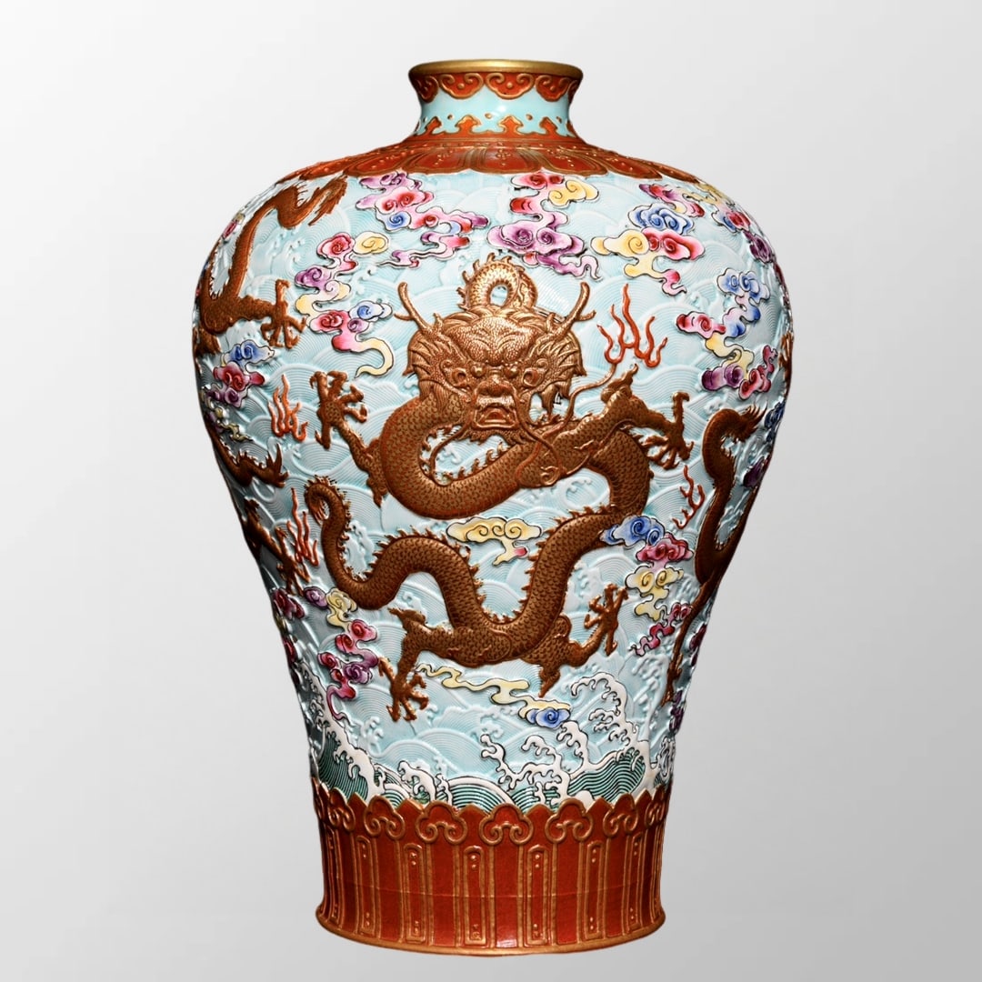 Chinese Qing Dynasty Gilt GoldIron Red Glaze Low Relief Clouds Dragon Design Porcelain Vase (1 of 10)