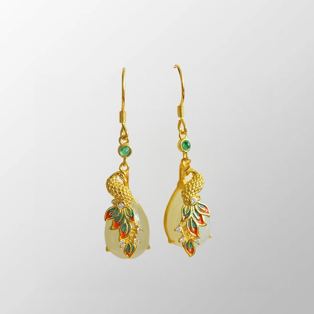 A Pair Chinese Gilt Gold 925 Silver Inlay White Hetian Jade Peacock Earrings (1 of 7)