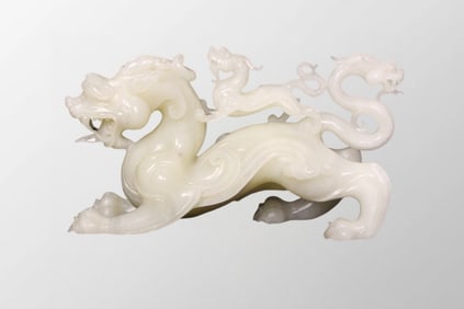 Superb Chinese Qing Dynasty White Hetian Jade Carved Fortune Dragon Statue