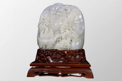Superb Chinese Qing Dynasty Natural White Hetian Jade Carved Sage & Mountain Statue