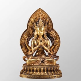 Tibetan Buddhism Gilt Gold Bronze Arm Kwan-yin Statue