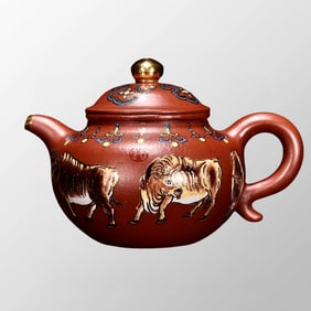 Chinese Gilt Gold Yixing Zisha Clay Famille Rose Five Ox Design Teapot w Artist Signed