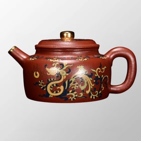 Chinese Gilt Gold Yixing Zisha Clay Famille Rose Dragon Design Teapot w Artist Signed
