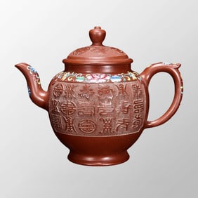 Chinese Yixing Zisha Clay Famille Rose Low Relief Poetic Prose Teapot w Artist Signed & Box