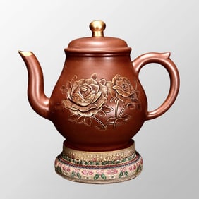 Chinese Gilt Gold Yixing Zisha Clay Peony Design Teapot w Artist Signed & Box