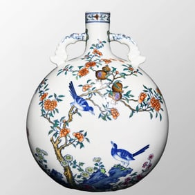 Chinese Qing Dynasty Doucai Flower Bird & Pomegranate Design Double Ears Porcelain Vase