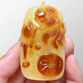 Superb Beeswax Carved Goldfish & Lotus Flower Pendant w Nanhong Agate & Green Hetian Jade Necklace