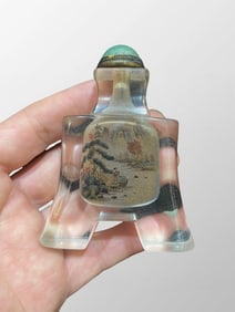 Old Chinese Peking Glass Inside Painting Mountain River Scene & Figure Design Snuff Bottle w Stopper