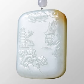 Chinese Natural White Hetian Jade Carved Live In Remote Mountains Pendant w Certificate