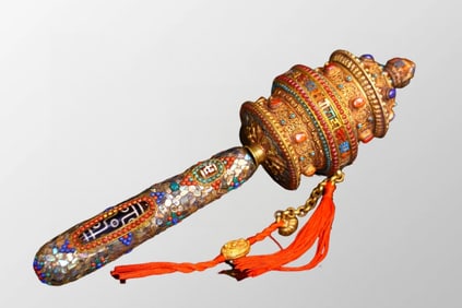 Old Tibetan Buddhism Gilt Gold Silver Inlay Bone & Turquoise,Lapis Lazuli,Red Coral Prayer Wheel