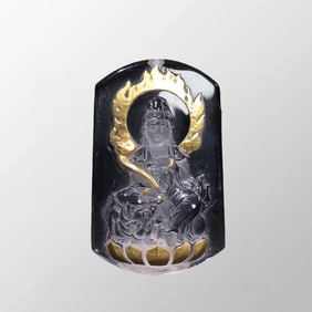 Chinese Gilt Gold White Crystal Inlay Gem Kwan-yin Pendant