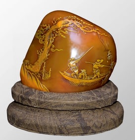 Chinese Shoushan Stone Tianhuang Stone Low Relief Figure & Boat Design Seal