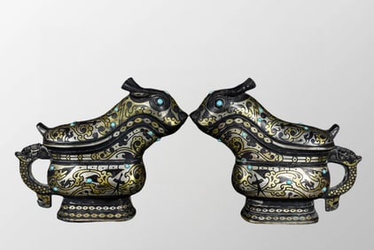 A Pair Warring States Period Gilt Gold-plated Silver Bronze Beast Wine Container - Zhe Gong