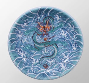 Chinese Famille Rose + Blue And White Porcelain Dragon Design Plate