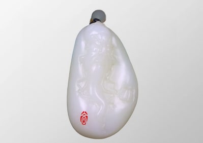 Chinese Natural White Hetian Jade Carved Guangong Pendant w Necklace & Box