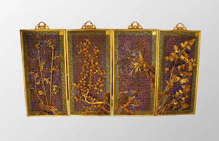 Chinese Bronze Cloisonne Plum Flower & Orchid,Bamboo,Chrysanthemum Design Screen/ Wall Hanging