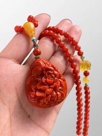 Chinese Natural Nanhong Agate Carved Flowers Bird Pendant w Beads Necklace