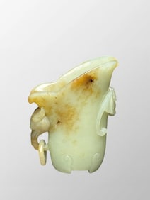 Superb Chinese Natural Hetian Jade High Relief Beast & Bat Wine Cup