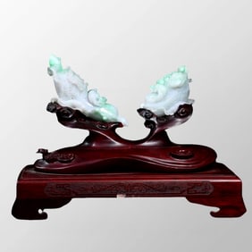 A Pair Beautiful Natural Green Jadeite Carved Fortune Cabbage Statue