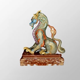 Chinese Qing Dynasty Gilt Gold Famille Rose Enamel Fortune Dragon Porcelain Statue