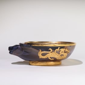 Hand Carved Chinese Inlaying Gold Edge Agate Fortune Ox Bowl