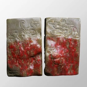 A Pair Chinese Chicken Blood Stone Statue