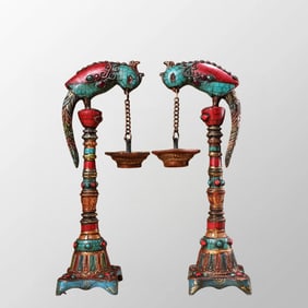 A Pair Chinese Gilt Gold Bronze Inlay Turquoise & Gem Bird Oil Lamp