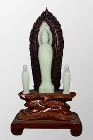 A Set Exquisite Chinese Hetian Jade Carved Three Buddha Statues w Zitan Wood Box