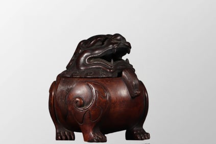 Vintage Chinese Chenxiang Wood Carved Fortune Beast Incense Burner