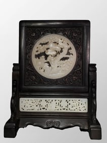 Vintage Chinese Zitan Wood Inlay Hetian Jade Low Relief Pine Tree & Crane Screen Statue
