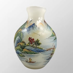 Old Chinese Peking Glass Famille Rose Mountain River Scene Design Vase