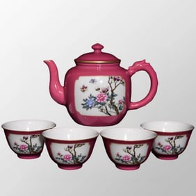 A Set Chinese Rouge Red Glaze Famille Rose Flowers Bird Porcelain Teapot & Cups