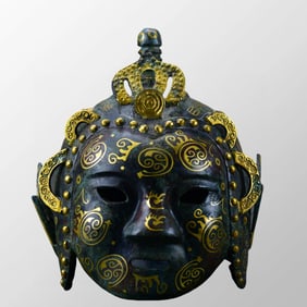 Chinese Han Dynasty Gilt Gold Bronze Helmet Statue