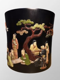 Vintage Chinese Zitan Wood Inlay Shell & Shoushan StonePine Tree & Figure Design Brush Pot