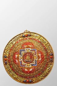 Tibetan Gilt Gold Copper Inlay Turquoise & Gem Tangka Wall Hanging