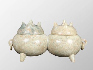 Vintage Chinese Hetian Jade Carved Conjoined Incense Buner