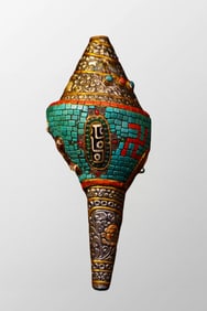 Vintage Tibetan Buddhism Silver Plated Gilt Gold Inlay Turquoise & DZI Agate & Gem Prayer Conch