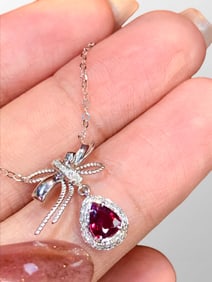 18k Gold Inlay Ruby & Diamond Pendant w Silver Necklace