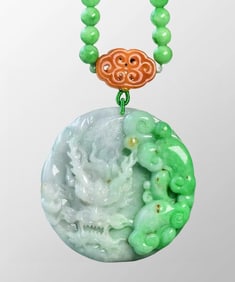 Beautiful Green & White Jadeite Carved Ruyi Dragon Pendant w Jadeite Beads Necklace
