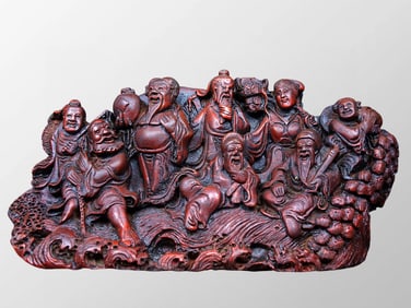 Vintage Chinese Cinnabar Carved Eight Taoism Deity Statue