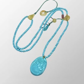 High Quality Chinese Natural Turquoise Carved Fortune Taoism Deity Pendant w Beeswax Beads Ornament