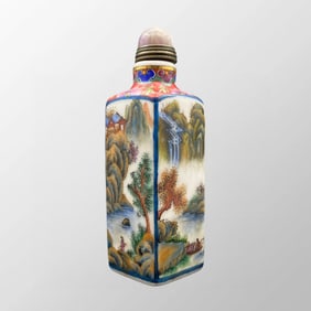 Chinese Peking Glass Famille Rose Mountain River Scene Design Snuff Bottle