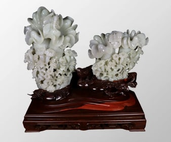High Quality Chinese Natural Hetian Jade Carved Flower Statue
