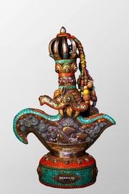 Tibetan Buddhism Gilt Gold Bronze Inlay Turquoise & Gem & DZI Agate Dharma-Vessel Statue - Axe