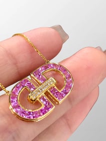 High Quality 18k Gold Inlay Natural Pink Gem & Diamond Pendant