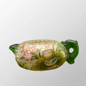 Old Chinese Peking Glass Famille Rose Lotus Flower & Lotus Leaf Design Ink Pot